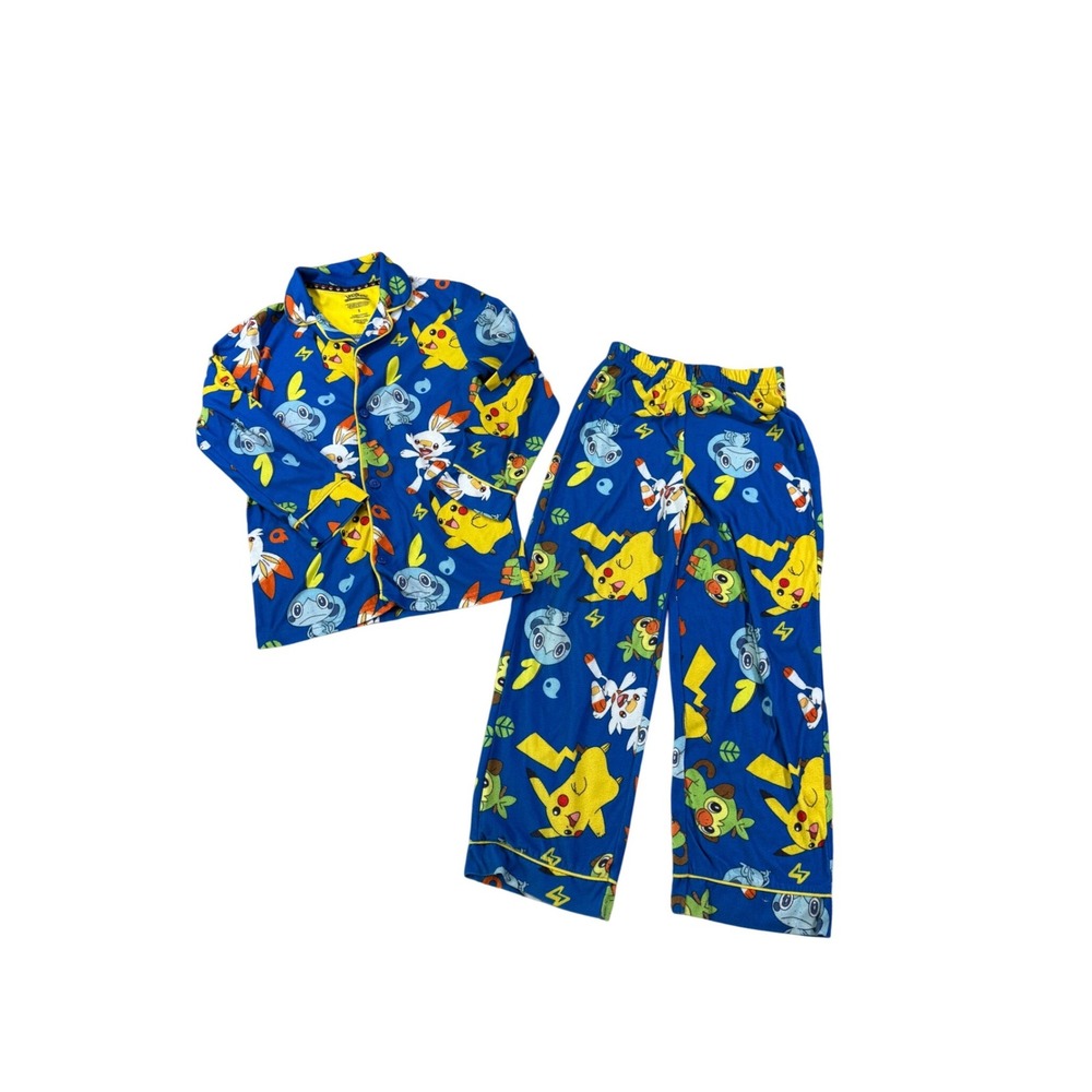 Pokemon Pajama‎ Set Size 8 Blue Pikachu Scorbunny Fleece Button Down Sleepwear